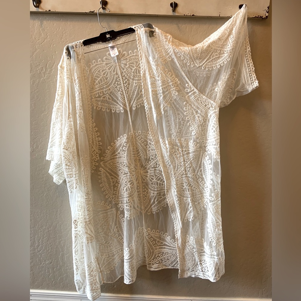 Boho XL Half Sleeve Crochet Lace Kimono Romantic Embroidered Off White Cream